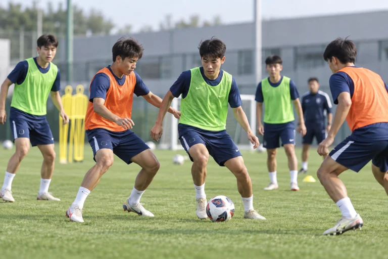 青年足球集训现场的球员与教练交流画面