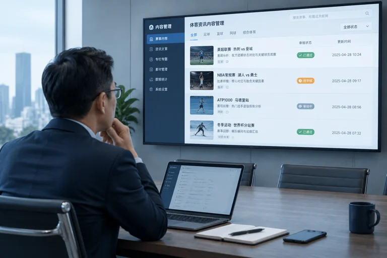 企业采购负责人查看体育资讯内容质量与审核流程的场景示意图