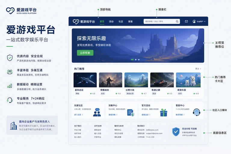 企业采购负责人查看爱游戏平台服务说明与内容布局示意图